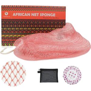 African Net Sponge Authentic African Exfoliating Net Sponge with Knots Real Sapo Sponge with Handles Afro Scrub Net Bath Cloth for Shower (Pink)