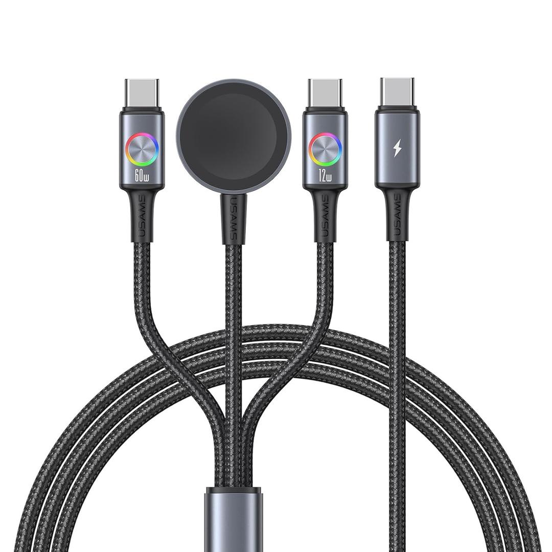 72W Super Fast Charging 3-in-1 Multi Charging Cable, Dual USB-C Ports for iWatch Ultra/ SE/ 10-1/ iPhone 17/ 16/ 15 Pro, Multi Charger for Apple Watch, Galaxy Phone Travel Essentials