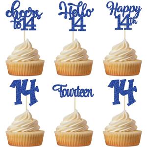 30Pcs 14th Birthday Cupcake Toppers Hello 14 Cupcake Picks Fourteen Cheers to 14 Years Old Cake Decorations for 14th Birthday Anniversary Party Supplies Deep Blue Glitter
