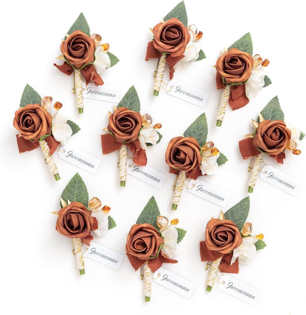 Ling's moment Boutonniere for Men, 10pcs Groomsmen Guest Boutonniere with Built-in Pins, Artificial Flowers for Wedding Dcor/Prom/Homecoming,etc.Fall Terracotta Orange