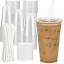 Clear Plastic Cups With Flat Lids,16oz Disposable Iced Coffee Cups with Straws
