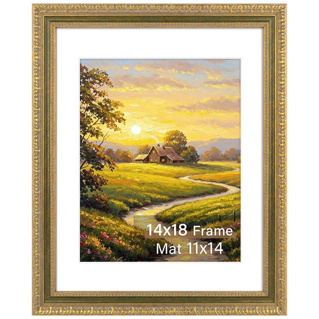 Frametory 14x18 Frame White Mat for 11x14 Picture Plexiglass Gold Color