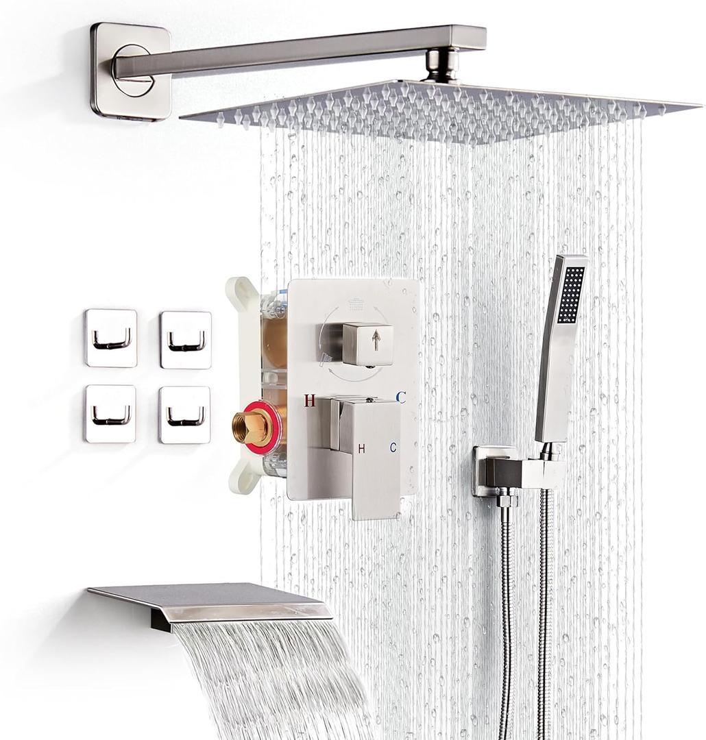 Shower Faucet Set with Tub Spout, Brushed Nickel Rainfall Shower System Complete Wall Mounted for Bathroom with 10" Square Shower Head and Handheld Shower Head Rain Mixer Combo Set (Brushed Nickel)