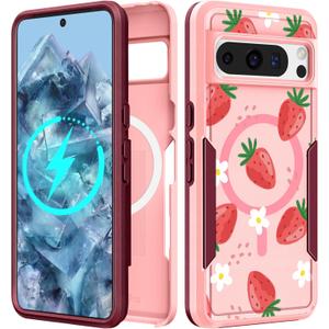 2 x for Google Pixel 8 Pro Case - Compatible with MagSafe Women Girls Cute Magnetic Protective Cover Girly Kawaii Strawberry Heavy Duty Shockproof Design for Google Pixel 8 Pro Phone Cases