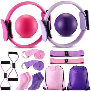 Poen Home Pilates Kit for Women Pilates Equipment Ring and Ball Set with Stretching Strap 8 Resistance Bands Non Slip Socks Gym Back Bags Exercise Equipment for Workout (Purple, Pink)
