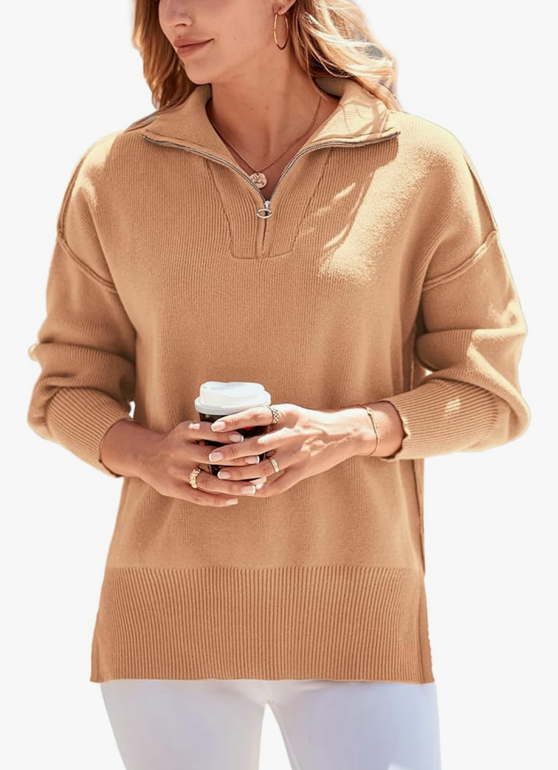 PRETTYGARDEN Women's Fall Pullover Oversized Sweaters Casual Long Sleeve Zip Up Lapel V Neck Knitted Winter Tops L
