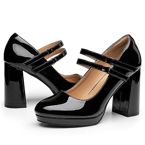 Trary Black Heels for Women, Mary Jane Shoes Platform Chunky Block High Heels with Buckle Strap Comfortable Dress Pumps for Office Party Casual Round Toe Pumps Shoes, Size 7