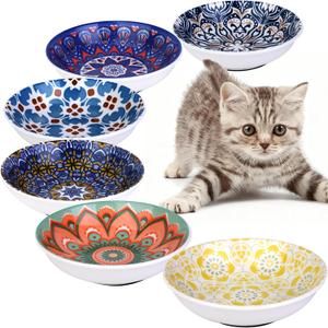 Ceramic Cat Food Bowls,6 Pack Colorful Cat Bowls Set,Anti-Slip Cats Dishes,Whisker Friendly Wide Pet Bowls for Indoor,5.75 inch Cute Kitten Plates for Wet and Dry Food Water