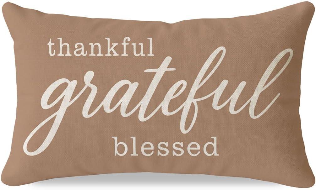 PANDICORN Decorative Throw Pillow Covers 12x20 Grateful Thankful Blessed Warm Taupe Outdoor Fall Thanksgiving Decorations Lumbar Cushion Case Home Decor for Living Room Bedroom Sofa Couch Porch