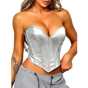 ChiaoLezhee Heart Corset Top For Women, Sexy Concert Outfits Going Out, Strapless Crop Top, Overbust Bustier, Silver Leather, X-Small