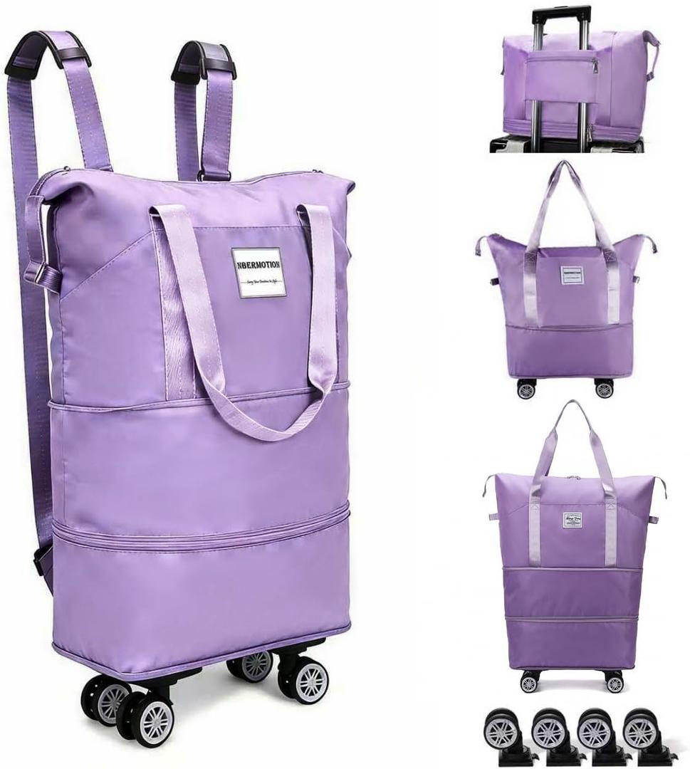 Expandable Rolling Duffle Bag - Large Carry-On With Spinner Wheels, Foldable Weekend Travel Bag, 28-58L Capacity Backpack-Purple