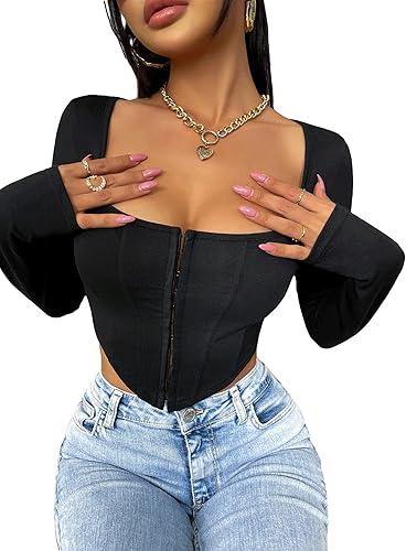 COZYEASE Women's Square Neck Bustier Corset Top Long Sleeve Fitted Crop Top M