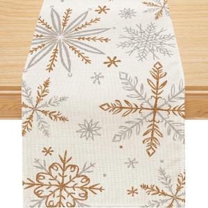 Siilues Christmas Table Runner, Snowflake Decorations White Gold Christmas Runner for Table Seasonal Chriatmas Winter Holiday Decor for Indoor Outdoor Dining Table Decorations 13x60 Inch