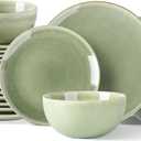 AmorArc Ceramic Dinnerware Sets for 8, 24 Pieces Handpainted Plates and Bowls Set, Scratch Resistant Stoneware Dishes Set, Dishwasher & Microwave Safe, Olive Green