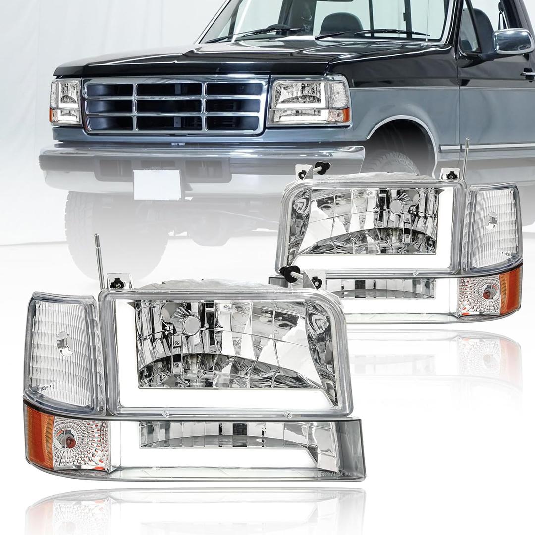 LED DRL Headlights Compatible with 1992-1996 Ford F150 F250 F350 & Ford Bronco Replacement Headlamp Amber Reflector Chrome Housing