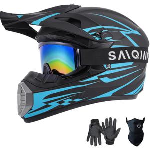 SanQing Youth Kids Motorcycle ATV Full Face Helmet DOT Approved | Ages 8-16 Dirt Bike Helmet for Motocross Off-Road 4-Wheeler UTV BMX Go Kart with Gloves, Goggles,Mask, Quick-Release Buckle, Small