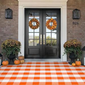 Fall Cotton Orange and White Plaid Rug - 4 x 6 Ft, Hand-Woven Indoor/Outdoor Layered Cotton Blend Buffalo Plaid Rug, Washable Front Door Mat, Perfect for Porch, Living Room, Entryway