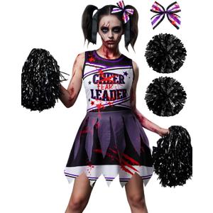 JenPen Scary Halloween Cheerleader Outfit for Girl Kid Bloody Cheerleader Costume Bow Set Dress up Cosplay Party (5-7 Years, Purple Gauze)