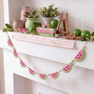 SmoothNovelty Gingham Watermelon Felt Banner Garland Decor Vintage 3D Fruit Hanging Garland with Wooden Beads for Back to School Birthday Party Baby Shower DIY Home Wall Fireplace Decor