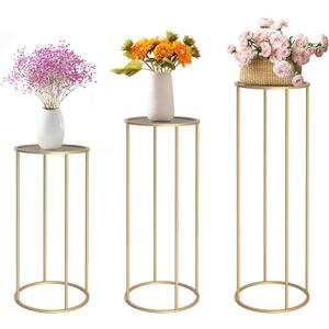 chamvis Gold Metal Plant Stand, 3 Pcs Tall Cylinder Pedestal Stands for Parties and Weddings, Gold Round Cylinder Tables for Living Room and Patio Decor