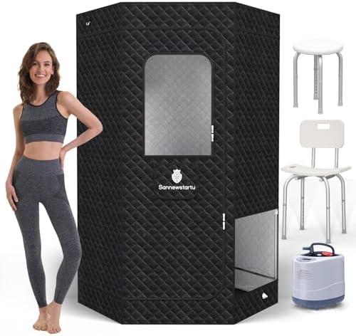 Sannewstartu 2 People Portable Sauna Box with 2 Shower Chairs, Heavy Oxford Cotton Steam Sauna, Full Body Sauna for Home, 4L & 1600W Steam Generator, 16 Levels, Remote Control, 6 Feet High