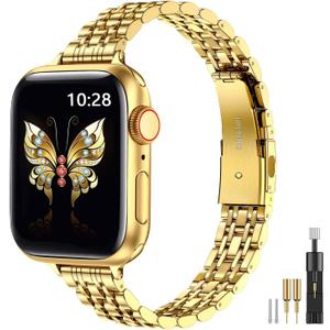 MioHHR Slim Metal Band Compatible with Apple Watch Band 42mm(Series 10) 41mm 40mm 38mm,Dressy Stainless Steel Chain Strap for Women iWatch Bands Series 9 8 7 6 5 4 3 2 1 SE,Gold