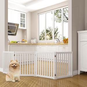 WELLAND Wooden Freestanding Pet Gate, 4 Panel 24 Inch Step Over Fence, Expands Up to 80" Wide, Foldable Indoor Dog Gate Puppy Safety Fence, White