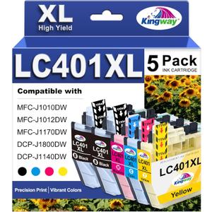 KINGWAY LC401XL Ink Cartridges for Brother High Yield Compatible for Brother LC401 Ink Cartridges LC401XL 401 XL Ink cartridges with MFC-J1010DW MFC-J1170DW MFC-J1012DW MFC-J1800DW Printe (5 Pack)