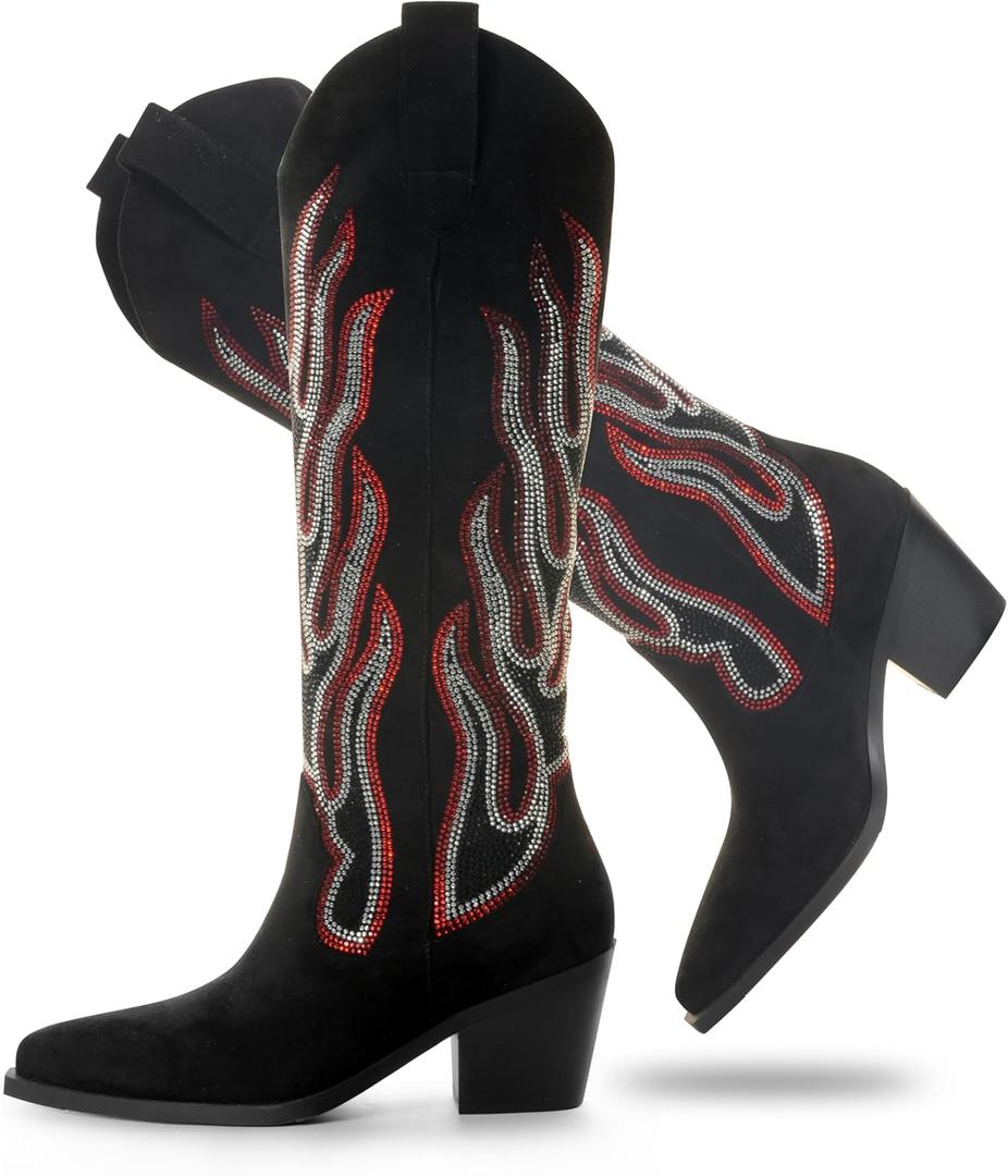 Womens Knee High Boots for Women Cowboy Cowgirl Boots Western Boots Chunky Block Heel Pointed Toes Pull on (8, Black)