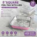 20 Pack Pink 8x8 Inch Disposable Aluminum Foil Pans | Clear Plastic Lids, Square Cake Pans, Baking, Meal Prep & Storage, Heating & Cooking