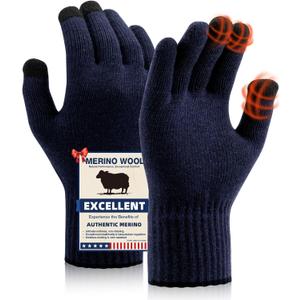Merino Wool Gloves for Men Women, Touch Screen Warm Glove Liners Thermal Soft Knit Lining for Winter Running Hiking (Large, C04-(classic Blue))