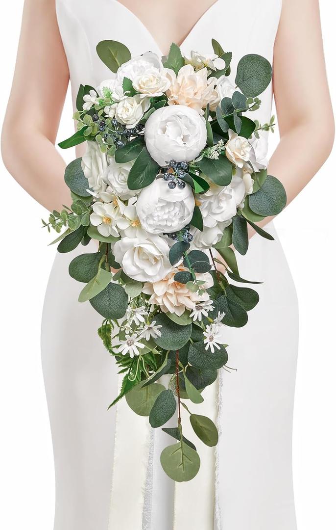 Serwalin 9.8 Inch Wedding Bouquets for Bride Bridesmaid, Forest White Peonies Bridal Bouquets for Bride, Wedding Flowers Bouquet Tossing Bouquet, Wedding Ceremony and Anniversary Day Decor