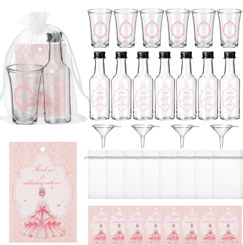 Yiyiring 24 Set Quinceanera Party Favors for Guests Include Añera Clear Shot Glasses Plastic Empty Bottle Thank You Card Organza Bag and Funnel for Sweet 15 Birthday Party Supplies(Pink)