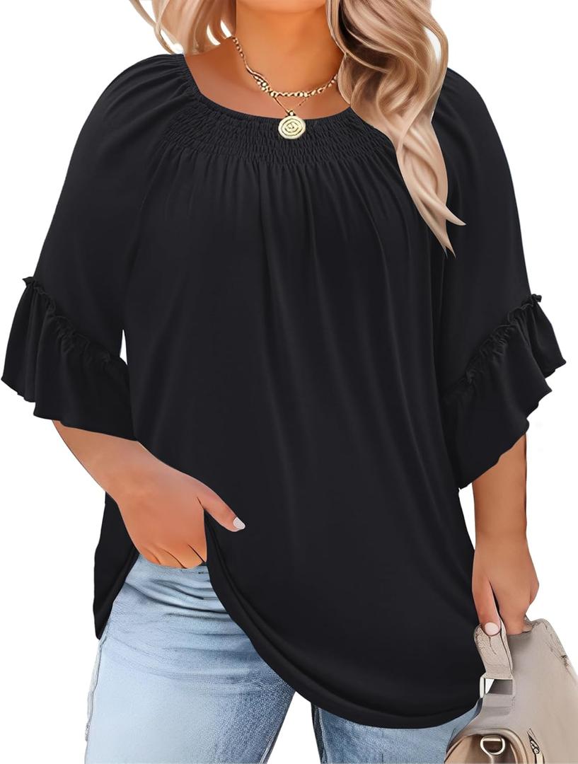 Micoson Womens Plus Size Tops 3/4 Ruffle Sleeve Shirts Crewneck Pleated Blouses Dressy Casual Fashion Tunic Top (1X-5X) (Black)