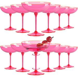 12 PCS Plastic Coupe Glasses 9 oz Hot Pink Detachable Gold Rim Martini Glass Espresso Champagne Cocktail Cups Disposable Vintage Margarita Glassware for Valentine's Day Wedding Bridal Shower Party