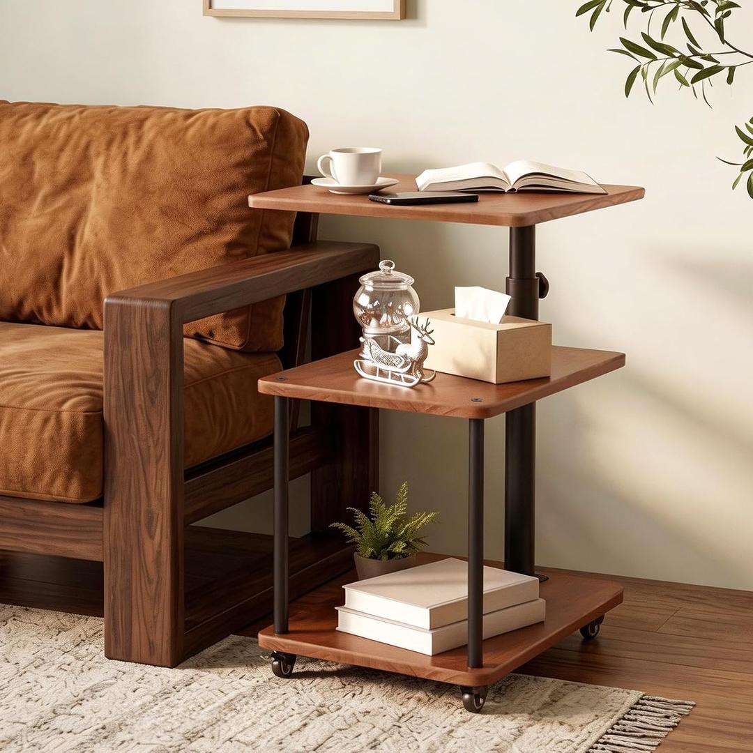 Rolling Side Table with Wheel for Living Room, Adjustable Height Swivel End Table for Different Seating Types, Ideal for Couch, Sofa, Recliner and Living Room, Natual Solid Wood