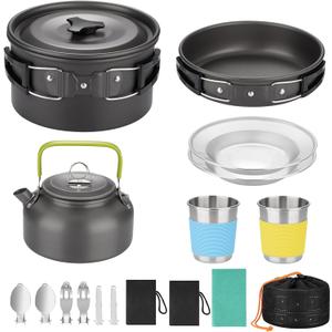 17pcs Camping Cookware Kit, Aluminum Non-Stick Pot, Pan and Kettle Set with 2 Set Stainless Steel Cups Plates Forks Knives Spoons for Backpacking and Hiking Camping