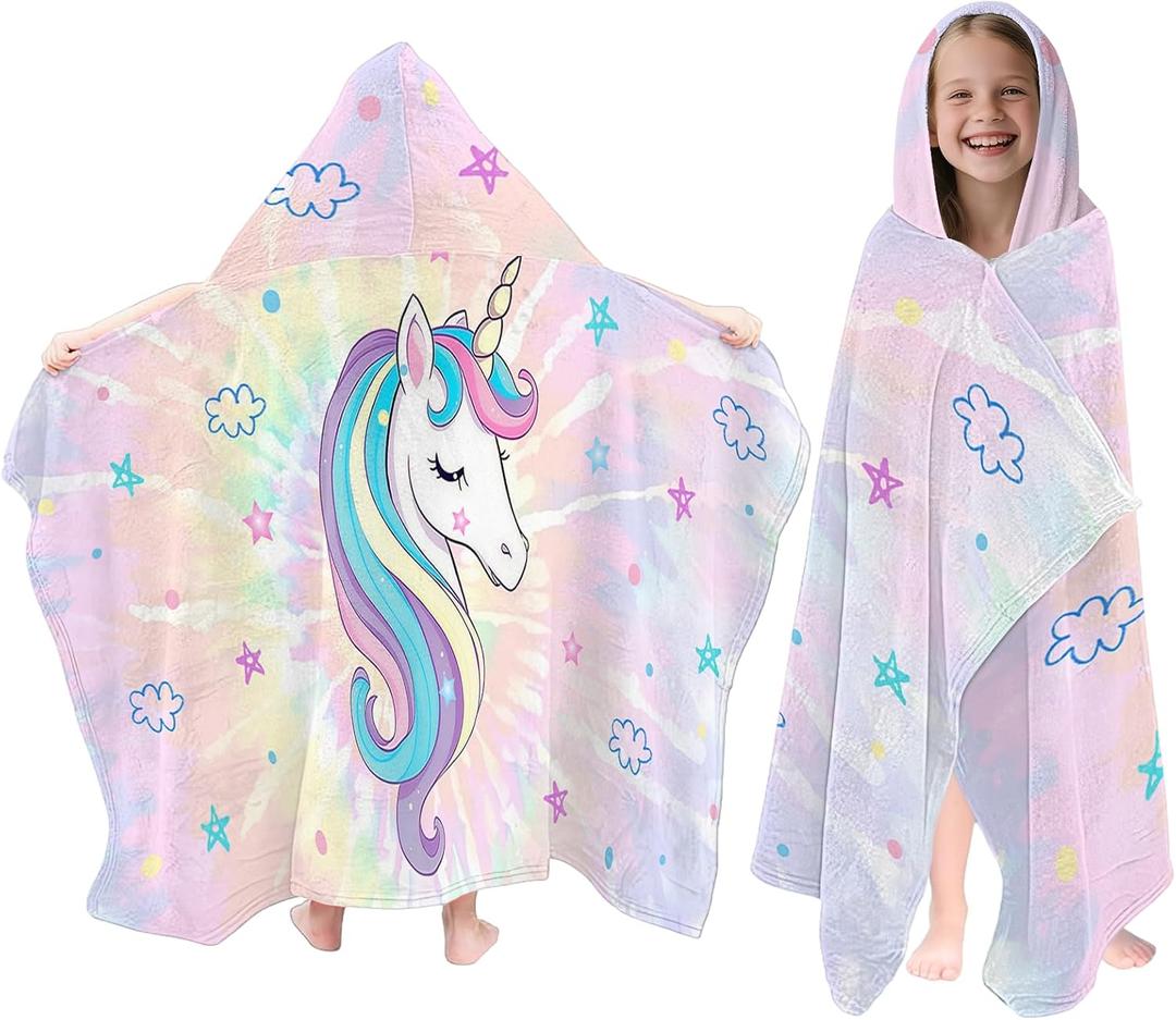 Unicorn Hooded Beach Towel for Kids, Pink Tie Dye Hooded Towels for Toddlers 30" x 50", Kids Beach Towels for Pool, Travel, Swim, Unicorn Wearable Bath Towel for Girls, Toddlers