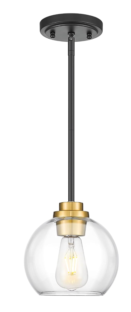 Pendant Lights Kitchen Island, 7" Black and Gold Hanging Lights Fixtures with Clear Glass Globe Shade, Modern Kitchen Island Lighting for Bathroom, AD-22280-1P-KG