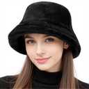 HONGTEYA Winter Bucket Hat Fluffy Faux Fur Fisherman Cap for Women Men Solid Color Style (Black)