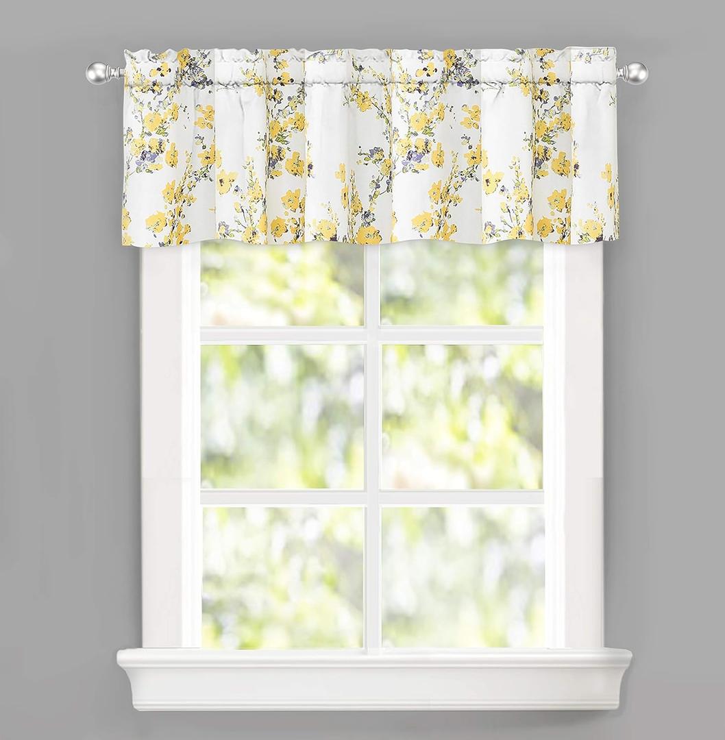 DriftAway Blossom Abstract Floral Ink Painting Lined Window Curtain Valance Rod Pocket 2 Layer 52 Inch by 14 Inch Plus 2 Inch Header Yellow