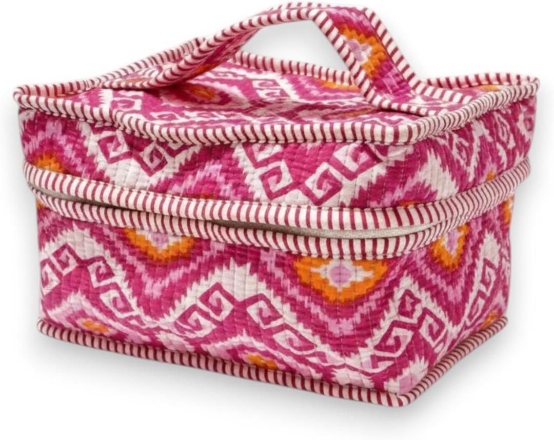 Block Print Makeup Bag Quilted Pouch, Travel Toiletry Bag For Women, 100% Cotton Block Print Patchwork Cosmetic Bag (Pink)