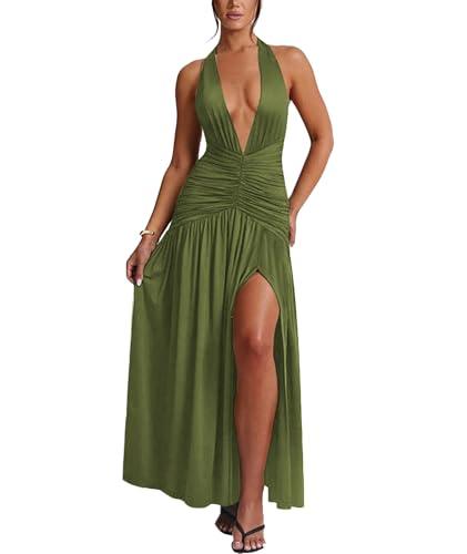 Ekaliy Women's Sexy Halter Deep V Neck Maxi Dress Sleeveless Backless High Slit Ruched Long Dress Party Cocktail Dresses Green, Large, Green Ekaliy Women's Sexy Halter Deep V Neck Maxi Dress Sleeveless Backless High Slit Ruched Long Dress Party Cocktail Dresses Green, Large, Green
