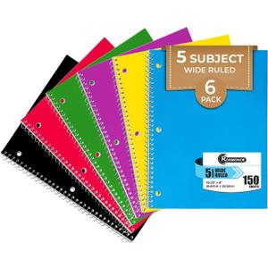 5 Subject Notebook Wide Ruled, 6 Pack, 300 Pages (150 Sheets), 8 x 10-1/2", 5 Subject Spiral Notebook with Dividers, Thick Paper Fights Ink Bleed, 3 Hole Punched, Spiral Notebooks for School