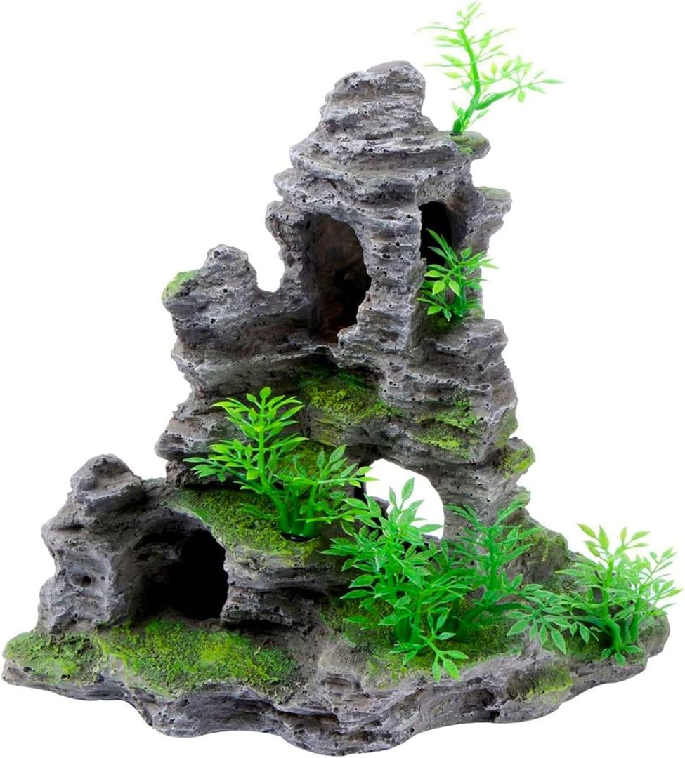 Saim Aquarium Mountain View Stone Ornament, Artificial Mountain Hill View Stone Rock Cave Aquarium Decorations Fish Tank Decor for Betta Cichlids Hideaway Cave, Hermit Crab Hideout - Large (11.5x6x10.6inch-l)