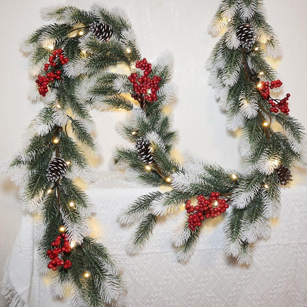 Dense Christmas Garland with Lights 6.56 FT Christmas Long Cedar Garlands for Xmas Tree Christmas Snowy Winter Pine Garlands Greenery Garland for Table Mantle Wall Indoor Outdoor Decorations