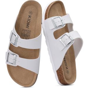 KIDMI Unisex Summer Sandals Arch Support Cork Footbed Slide Sandals with Double Adjustable Buckle for Women Men (7.5 Women/6 Men, White)