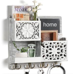 Mail Organizer Wall Mounted, 2 Slots Key Holder for Wall with 8 Hooks, Rustic Wood Key Rack with Shelf for Entryway Hallwall Farmhouse (Large)