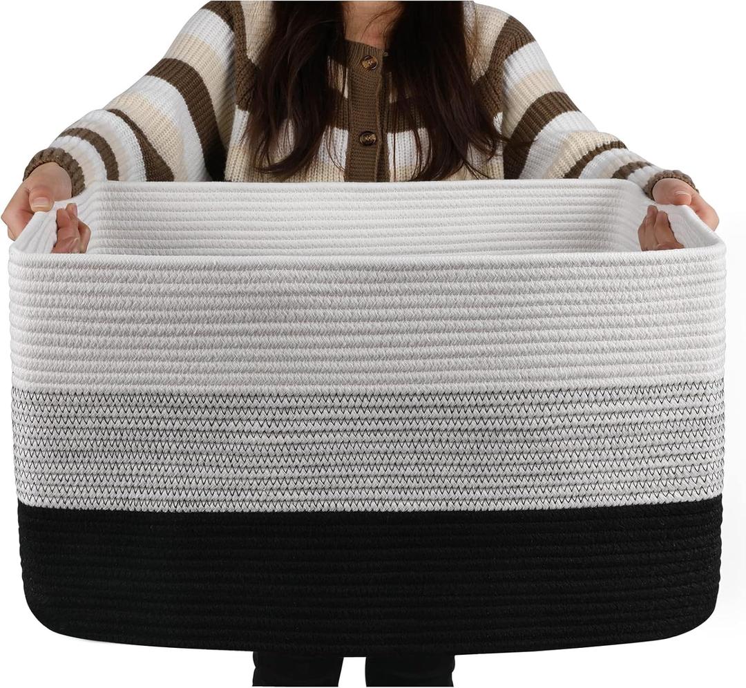 OIAHOMY Large Blanket Basket, 22x17x12 Rectangle Woven Baskets, Nursery Blanket Storage Living Room, Toy Storage With Handle, Large Baskets for Organizing-Gradient Black