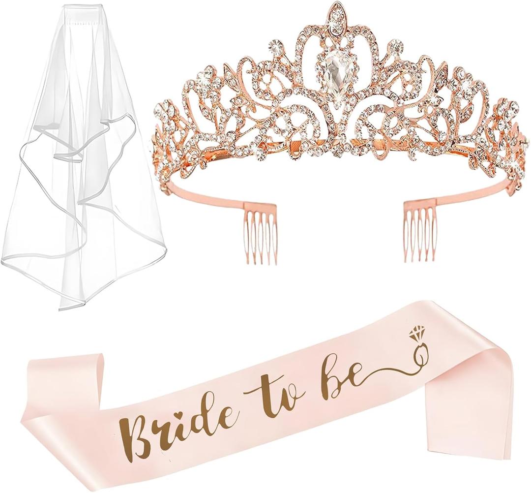 Bachelorette Party Decorations - 3pcs Bridal Shower Decorations include Bride to Be Crown Sash Veil for Women Bachelorette Hen Party Favors Accessories Wedding Decor Bridal Shower Gifts (Rose Gold) (1 Count (Pack of 3))